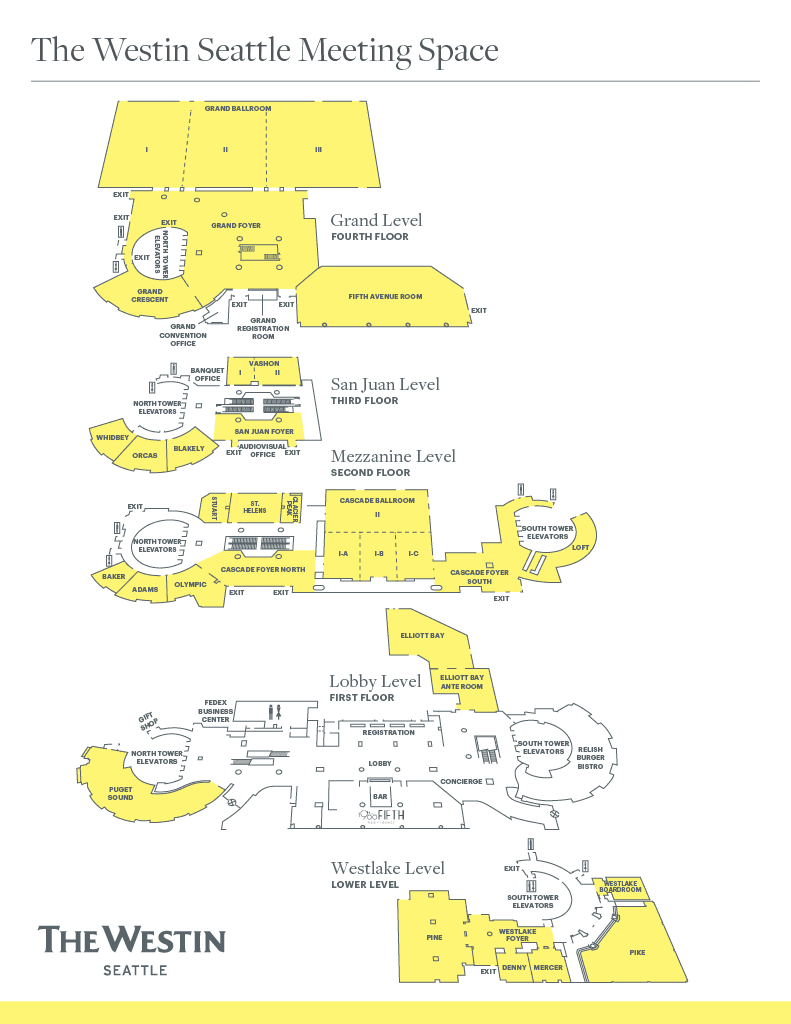 The Westin Seattle meeting space map showing Grand Level, San Juan Level, Mezzanine Level, Lobby Level, and Westlake Level rooms